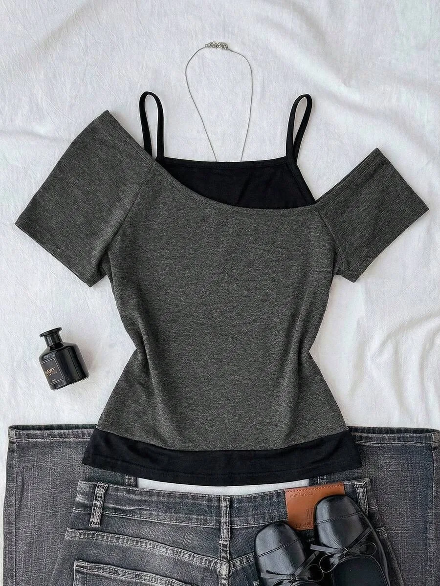 Summer fashion Kawaii retro TeesY2K creative design fake two-piece set American short sleeved T-shirt off shoulder slim fit top