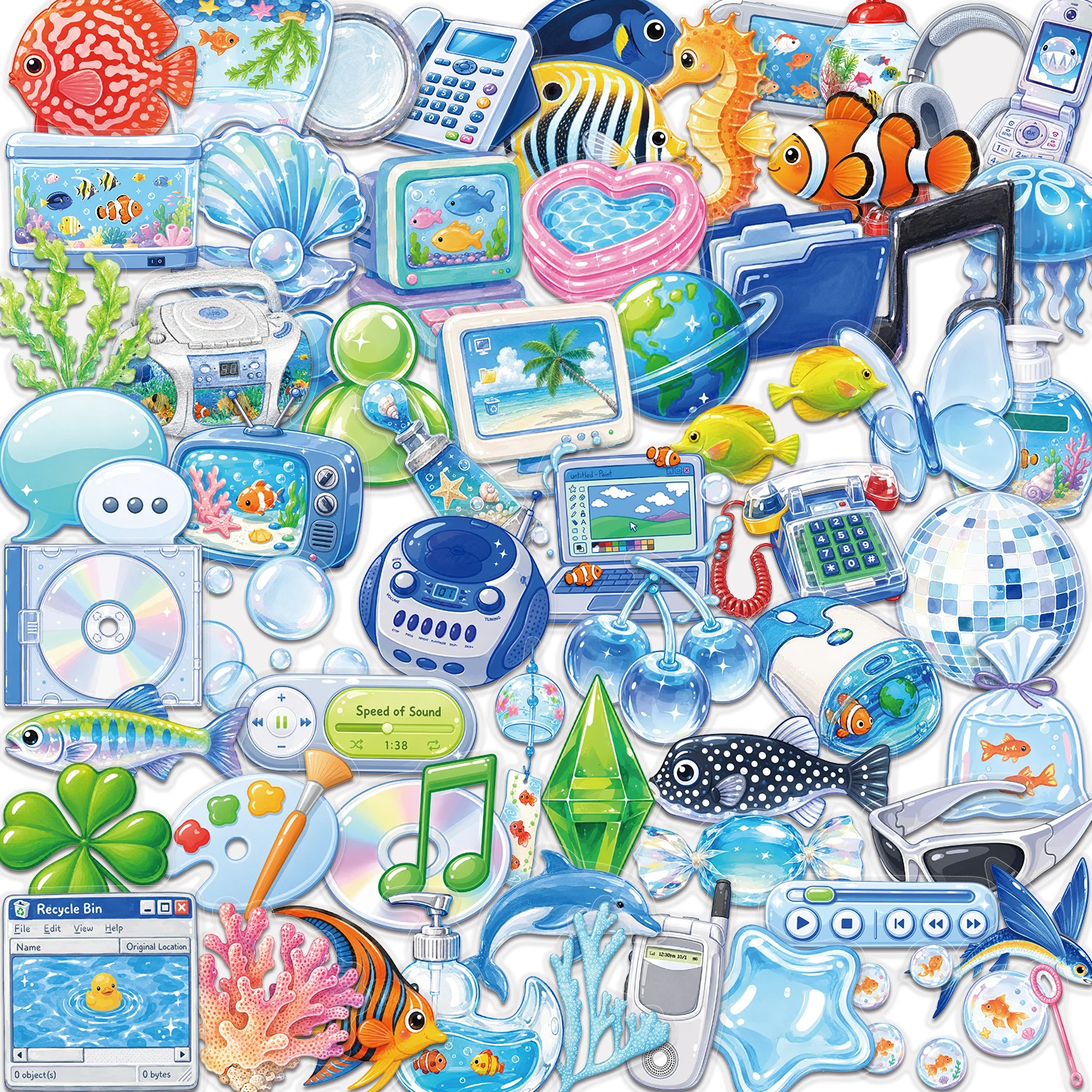 50PCS Frutiger Aero Design Aesthetics Stickers Transparent Waterproof Decorative Stickers for Phones, Laptops, and Suitcases