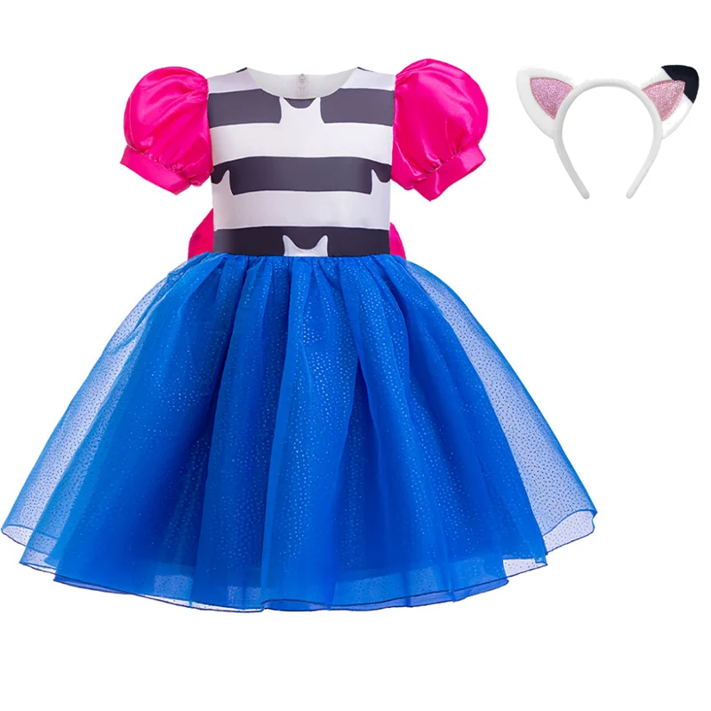 Kids Girls Gabby Dollhouse Cosplay Princess Dress Children Puff Sleeve Bow Tulle Dress+Cat Headband For Halloween Birthday Gown