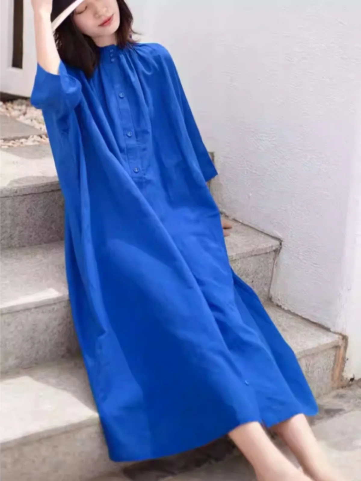 Klein bleu lin sept Sve Dr femmes printemps forêt système Art ample mince coton lin ouvert Cardigan Long Dr