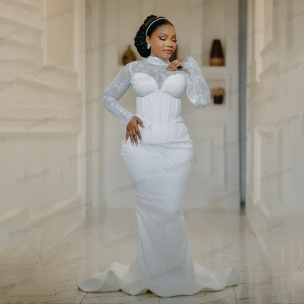 

African Lace Wedding Dress For Bride High Neck Full Sleeve Applique Mermaid Luxury Bridal Gowns 2025 Customized Lace Up Back