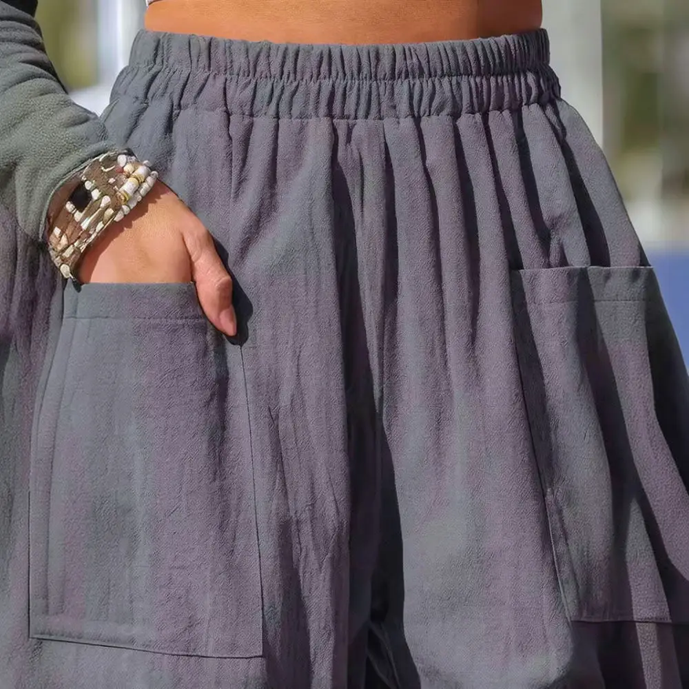 Pantalones de algodón y lino transpirables para mujer, con cintura elástica, estilo cargo, corte holgado, ideales para un look casual de verano y para las vacaciones.