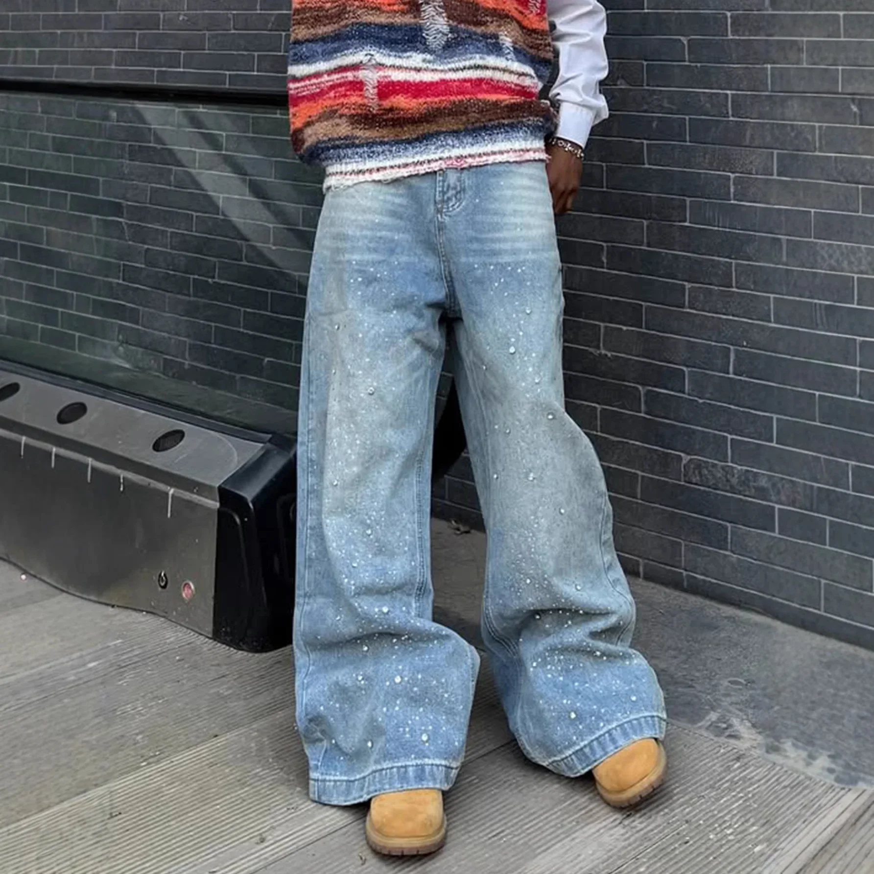 European American Men's Loose Simple Basic Casual Trendy Wide Leg Denim Trousers Male 2026 New Fashion Splashed Ink Jeans Pants