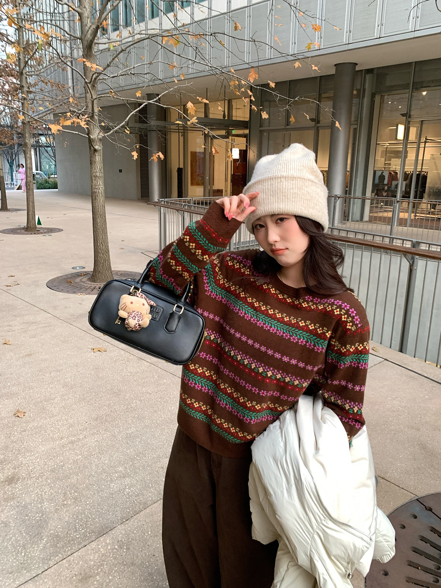 

NAZ Large Size Woolen Knitted Sweater round Ne Loose Women's Overhead Casual Sle Floral Pattern Winter Faion