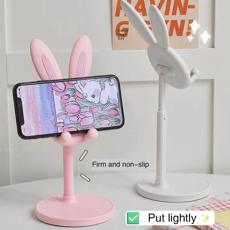 Pink Phone Holder Desktop Cell Phone Stand For iPhone 13 14 Samsung Smartphone Adjustable Lovely Rabbit Cartoon Table Support