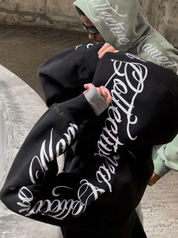 

American Sle Letter Embroidery Print Trendy Brand Open Cardigan Jaet Loose Zipper Hoodie ex Sweatirt Long Sve Lo...