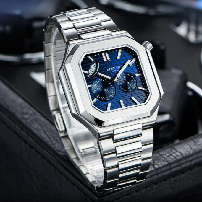 Reef Tiger Men Automatic Watch 44mm Square Mechanical Wristwatch Luminous 24 Hours,Small Second Dial Power Reserve Display