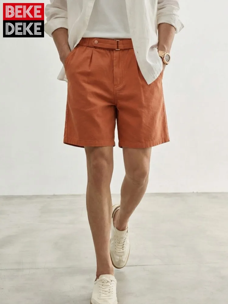 

New Summer Mens Casual Beach Shorts Elastic Waist Above Knee Length Shorts Straight Solid Color Cotton Streetwear Short Trouser