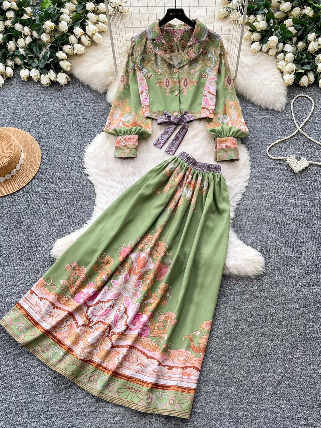 

Women Vintage Printed Bow 2 Piece Dress Sets Polo Collar Top +Pleated A Line Skirt Party Formal Occasion Lacy Chic Outfit