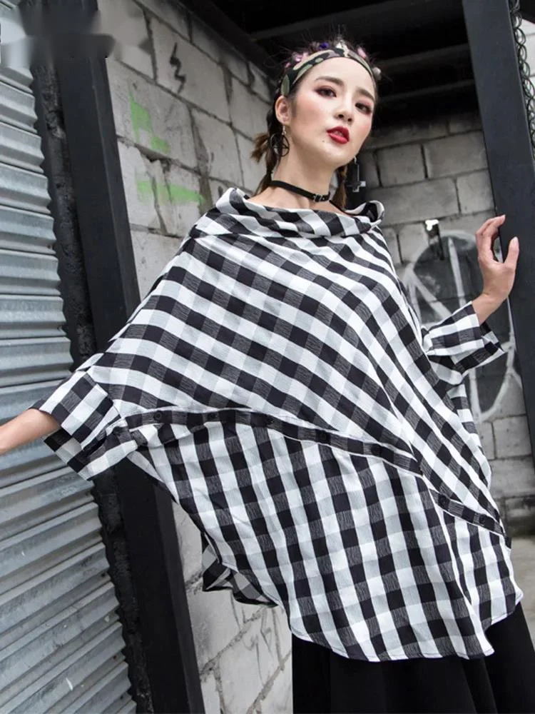 Women Black Plaid Irregular Big Size Blouse New Slash Neck Long Sleeve Loose Fit Shirt Fashion Spring Autumn