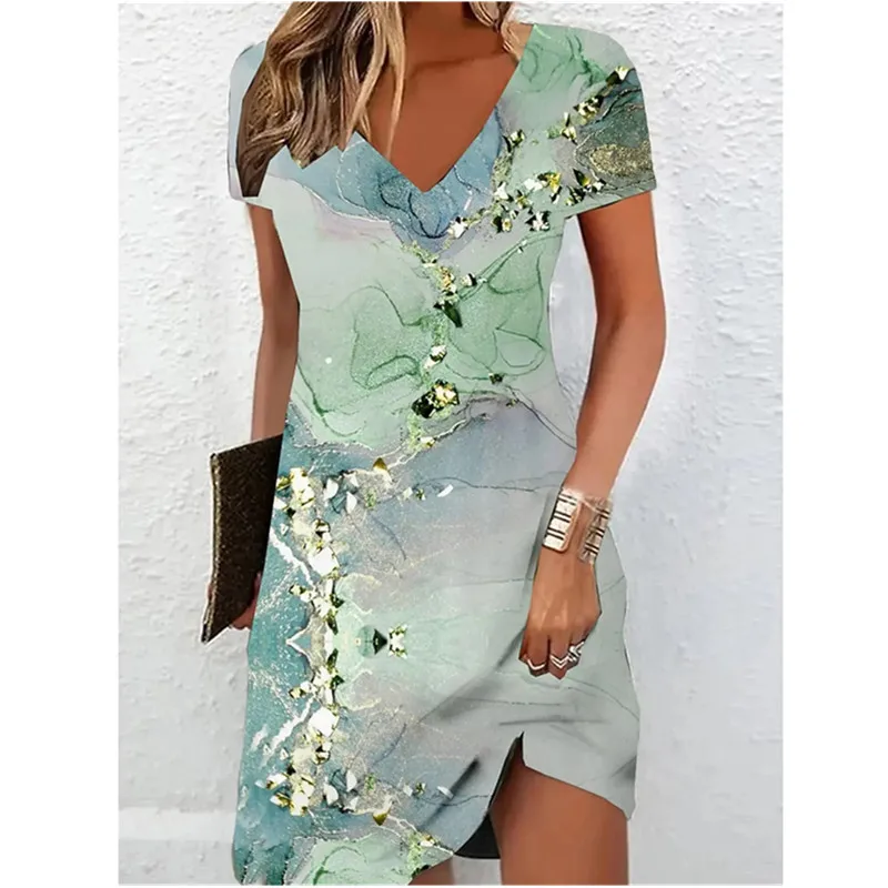 Women Short Sleeve V-Neck A-Line Dress Marble Pattern 3D Print Dress 2023 New Oversizd Casual Elegant Female Mini Dress Vestidos