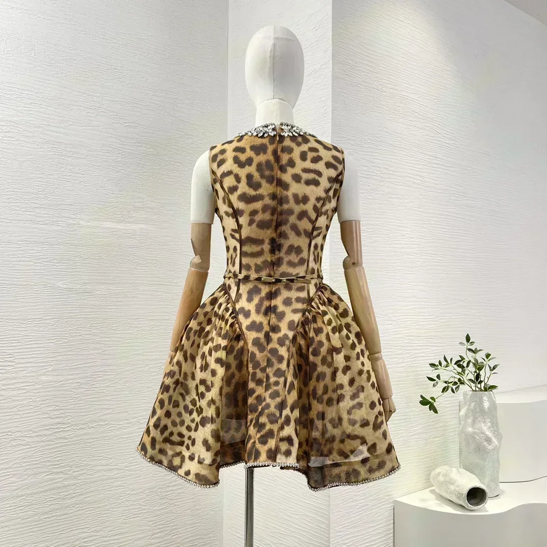 New Collection Brown Leopard Print Sleeveless Pleat Ruched Diamonds Mini Dress for Holiday