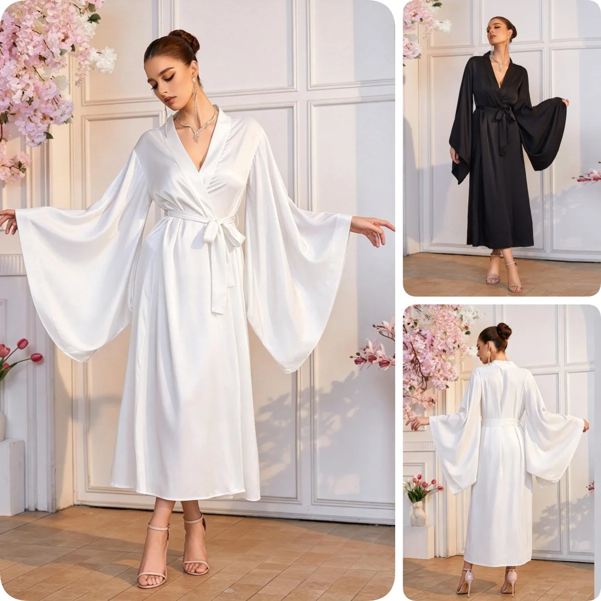 Women's Satin Kimono Robe Full Length Silky Bath Robe Summer Long Sleeve Nightgown Sleepwear Wedding Bridesmaid Pajama Outfit