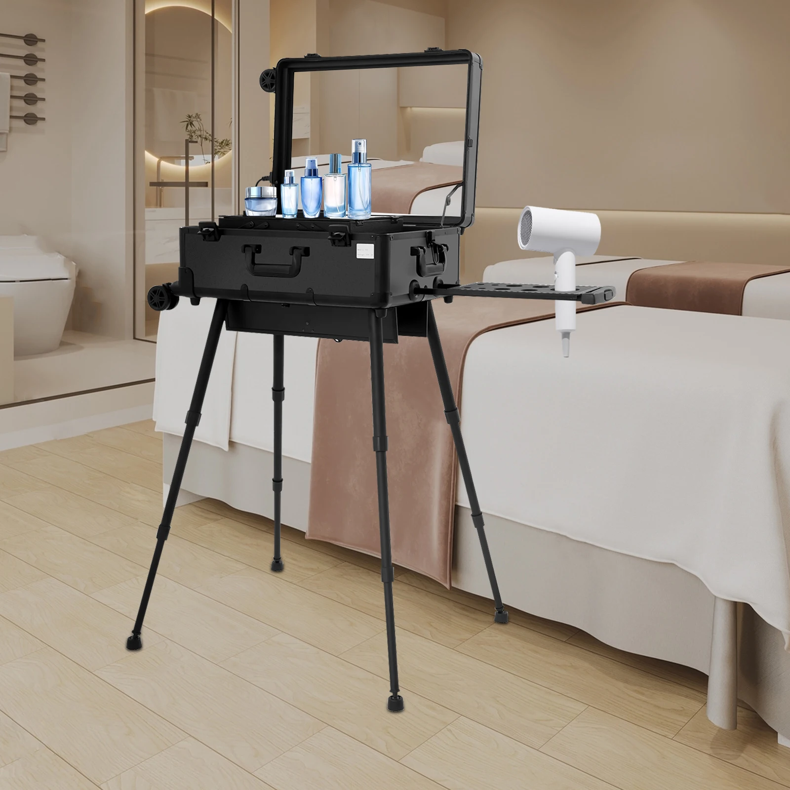 Professioneller Make-up-Koffer 3-stöckig 50kg Kapazität 8 LED-Lichter 3-stufig dimmbar Salon-Rollkoffer für Make-up-Künstler Friseur Nageltechniker Schönheit Rosa/Schwarz – Detail 32