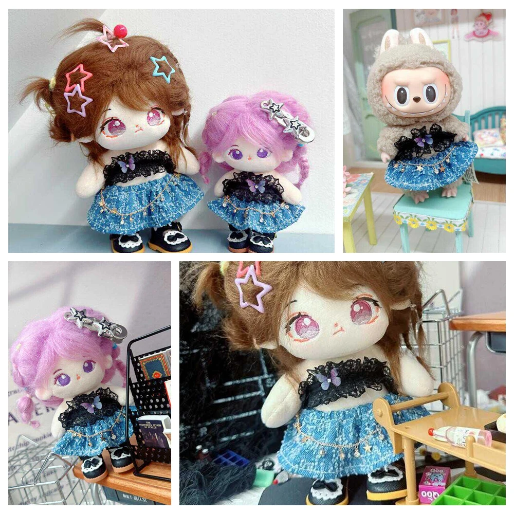 

10/20cm Kpop Star Idol Doll Girl Fashion Y2K Strapless Denim Dress Outfit Stuffed Plushie 17cm Labubu Doll Clothes Accessories