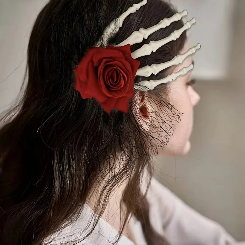 Vintage Gothic Skull Hair Clip with Faux Roses Lace Fashionable Side Hairpin for Party Halloween Decor Everyday Hair Accessories - view 3