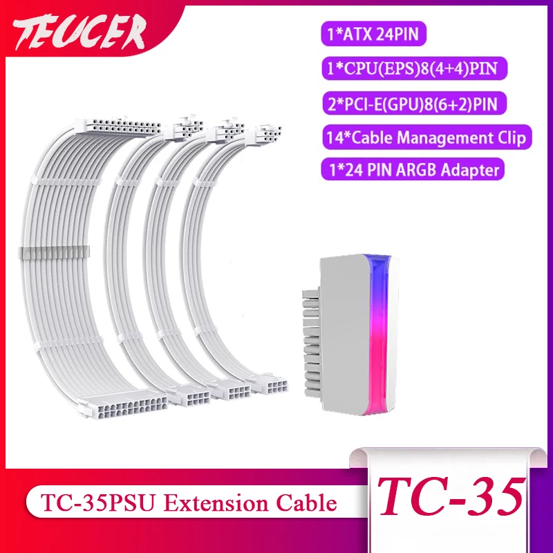 TEUCER-Kit de Cable de extensión PSU TC-35, Combo sólido de 350mm, ATX24Pin, PCI-E8Pin, CPU8Pin con peines, Cable de alimentación