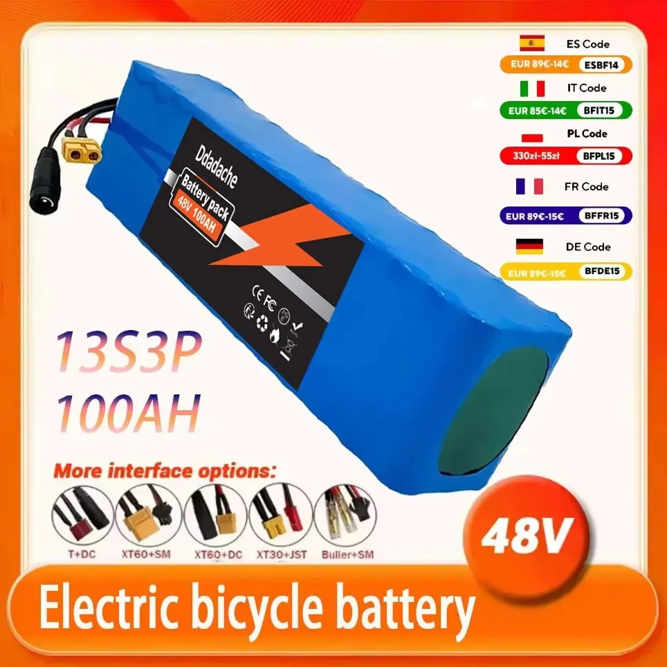 Nouvelle batterie lithium-ion 48v avec 100000mAh 500-2000w 13S3P et BMS+chargeur intelligents, adaptée aux vélos de montagne électriques