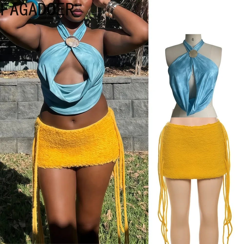 

FAGADOER Y2k Sexy Tie-dye 2 Piece Sets Woman Outfit Halter Sleeveless Backless Crop Top and Tassels Skirt Suit Female Beachwear