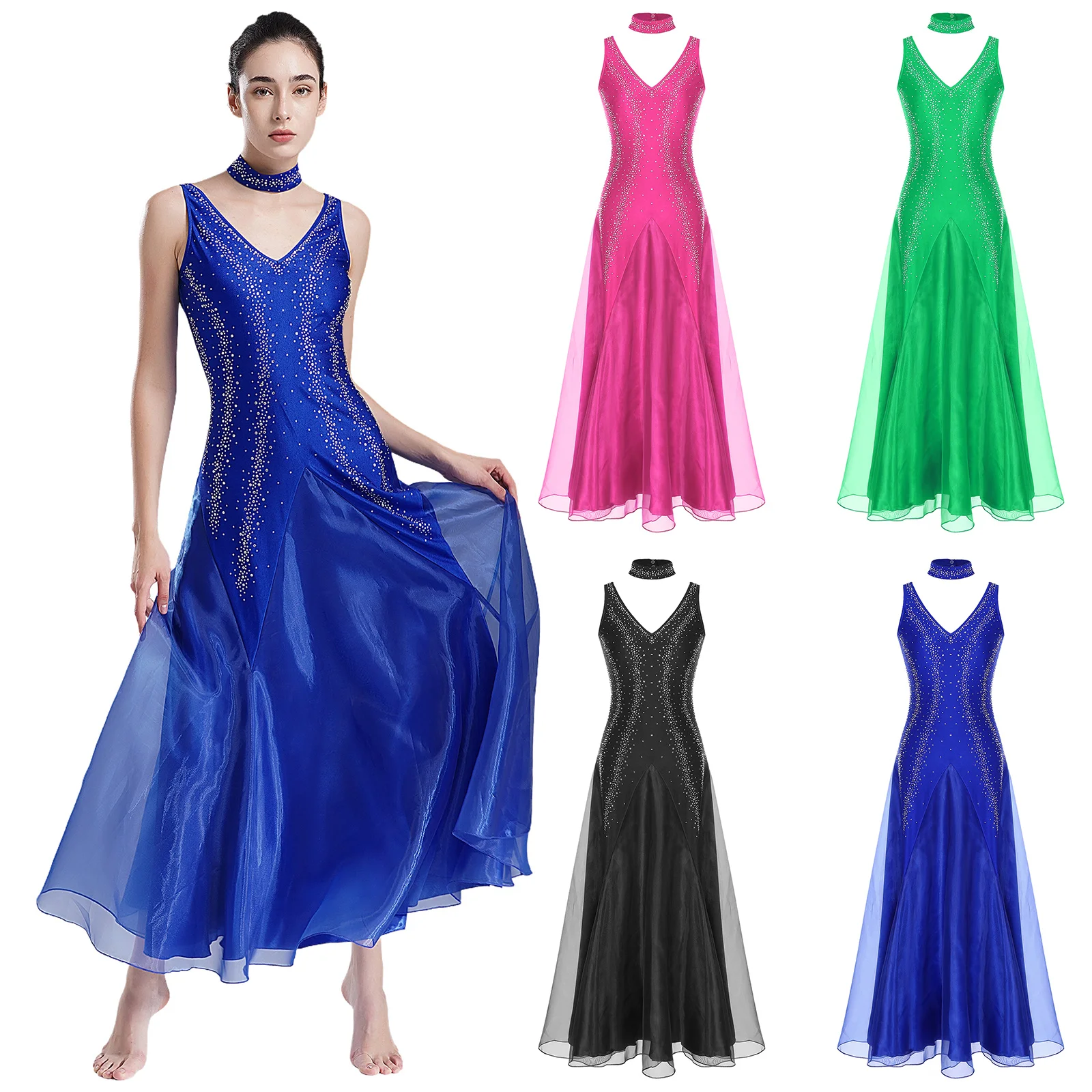 Vestido feminino sem mangas sem costas, vestido moderno de dança lírica, vestido maxi de strass brilhante com gargantilha para performance valsa