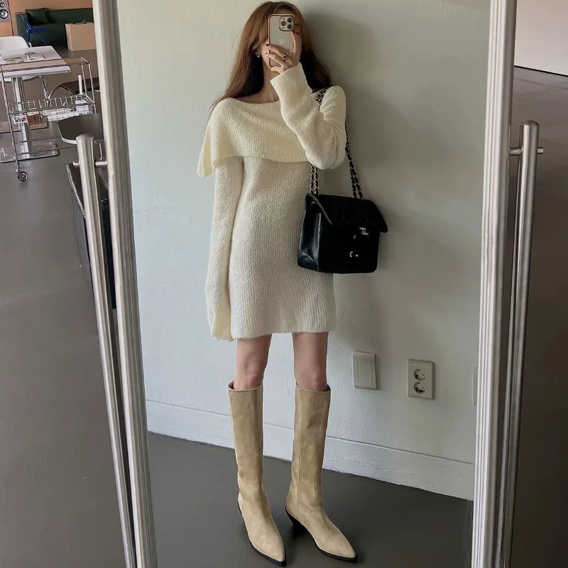 

New Women Spring Autumn One Piece Long Dress Asymmetric Turn-down Collar Sweater Knit Loose Soft Fahion All-match