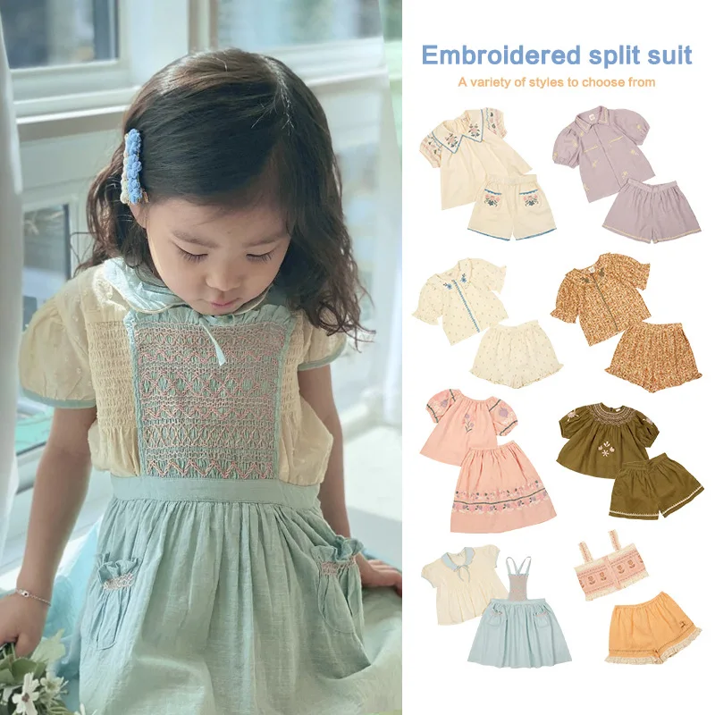 

Jenny&Dave Girls' Set 2023 Summer Apo Same Style Girls' Pastoral Style High Definite Heavy Duty Embroidery Top and Shorts Two Pi