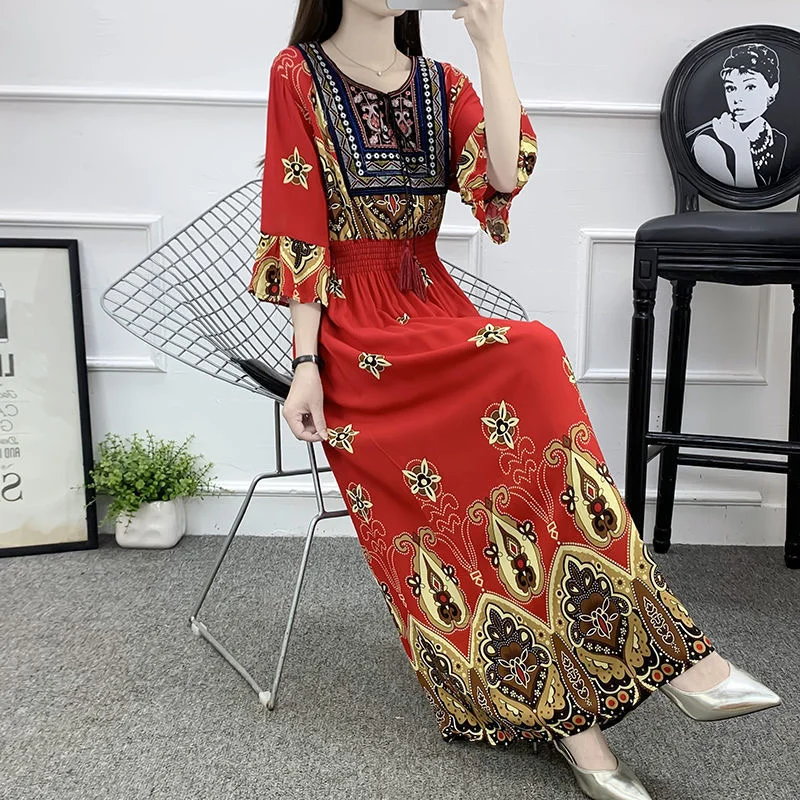 2024 Summer New Cotton Silk Dress Fashion Round Neck Retro National Style Short Sleeve Hand-embroidered Style Flower Skirt