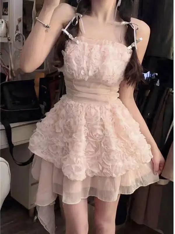 Summer New Gentle Sle Lace Splice Color Blo Strap Dr Women's ort A-Line Skirt Polyester Fabric No Sve round Ne