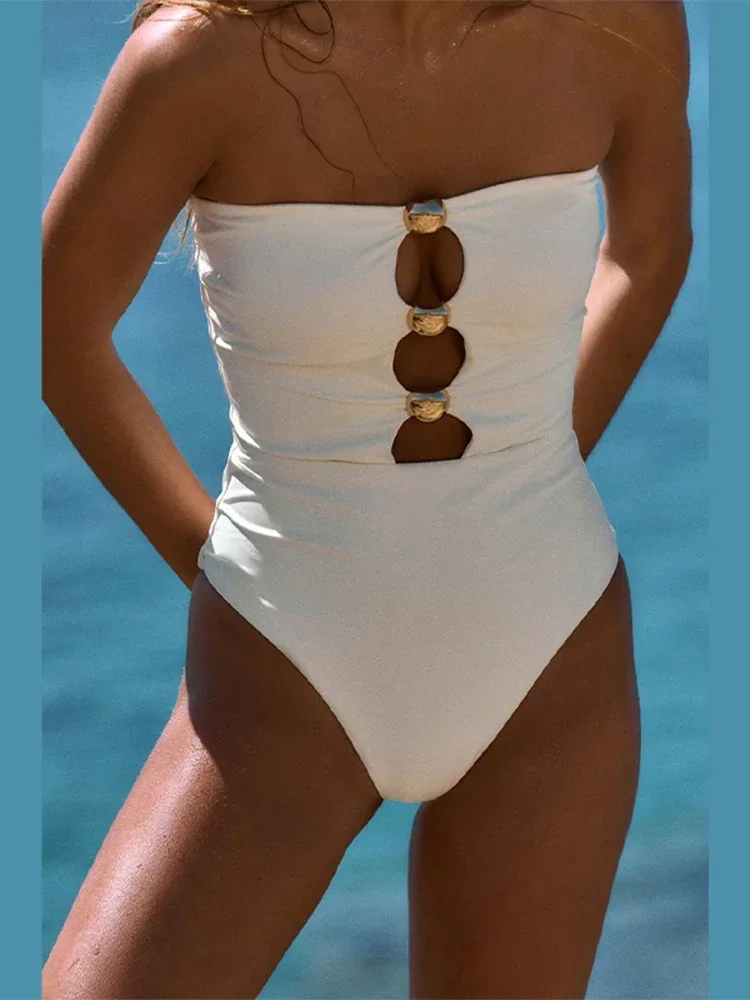 Women Sexy Solid Hollow Out Slim Swimsuit Lady Strapless Backless One Pieces Swimming Bodysuit Summer Lady Vacation Beach Wear