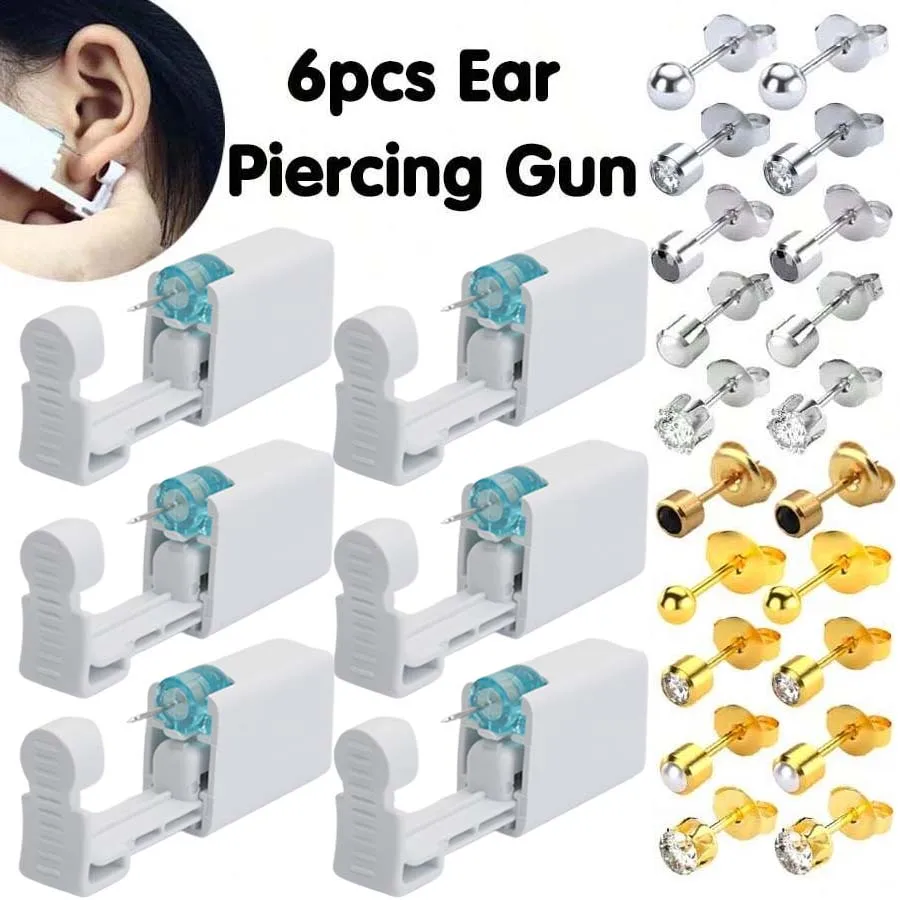 6PCS Self Ear Piercing Kit-Disposable Ear Piercing Gun with Built-in Stainless Steel Ear Studs ﻿