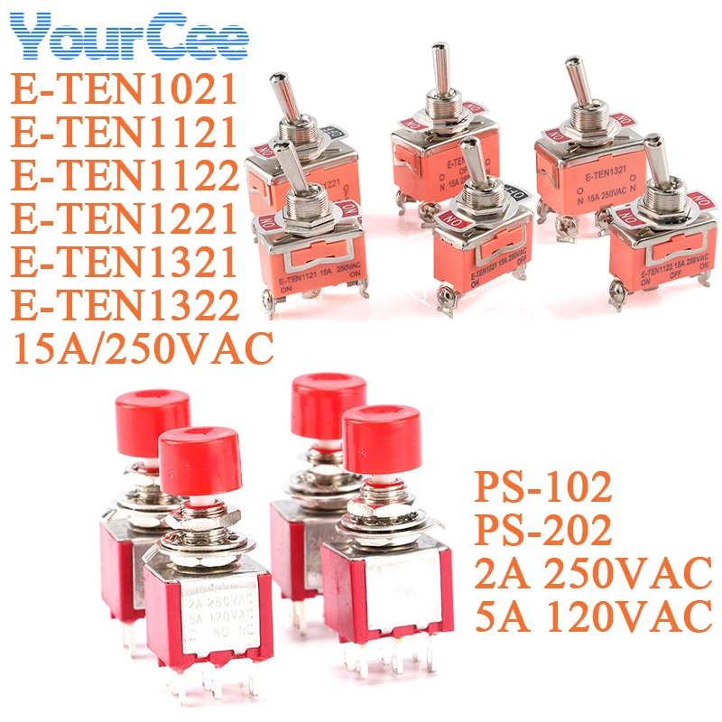 PS-102 PS-202 Mini 6mm 3pin 6pin Toggle Switch SPDT DPDT Momentary Push Button Switch 2A 250VAC 5A 120VAC E-TEN1 15A 2/3/4/6P