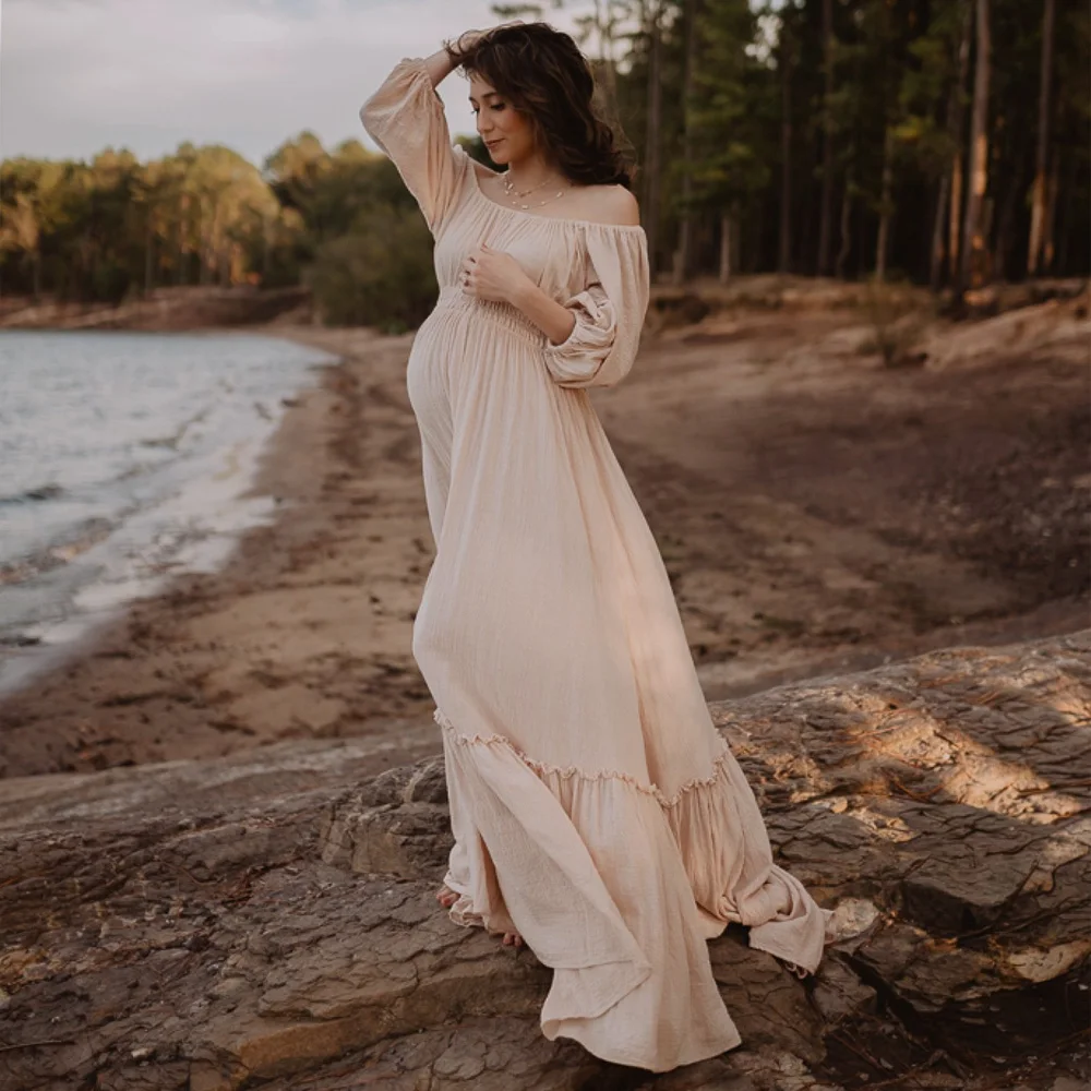 

Платье для беременных в богемном стиле, винтажное, удобное, из льна и хлопка, с открытыми плечами, с длинными рукавами, в стиле бохо, для вечеринки в честь будущего малыша