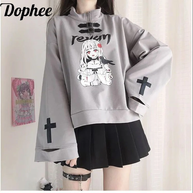 Dophee Original Subcultural Hollow Out Long Sleeve Sweatshirt Stand Collar Cartoon Printed Pullover Top High Waist Pleated Skirt