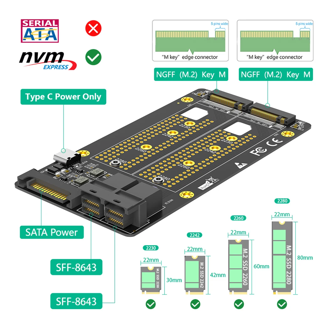 M2 SSD Adapter Dual M.2 for NVME M Key to Dual SFF-8643 Riser Board with SATA Type C Power Supply for 2230 2242 2260 2280 SSD