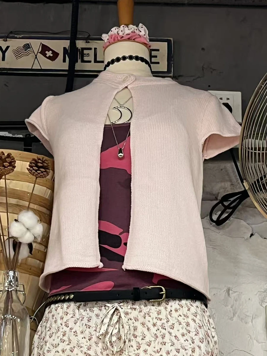 Sweet Pink Neckline Knitted Cardigan Women Simple Cotton Button Short Sleeve Sweaters Vintage Cute Preppy Style Sweater Tops Y2K
