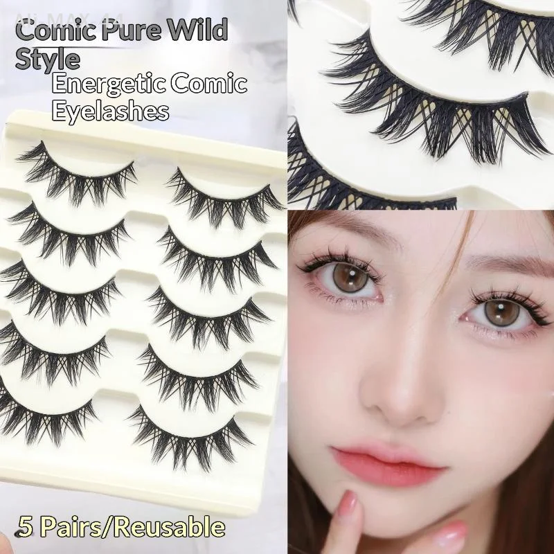 Hoyytu 5 Pairs Manga Lashes Cosplay Fake Eyelashes Strip Lash Soft Natural Look Fox Eye Korean Manhua Makeup False Eyelashes