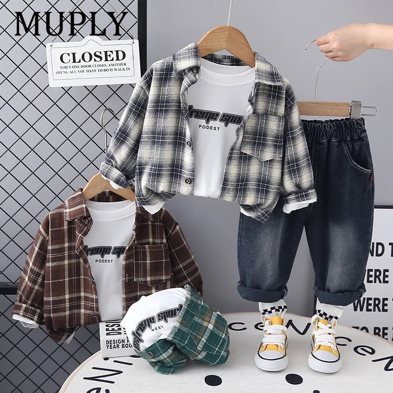 Boys Long-Sleeved Section Plaid Shirt Long Pants Children Retro Colour Blocking Cardigan Spring Autumn Lapel Blouse Jacket Kid