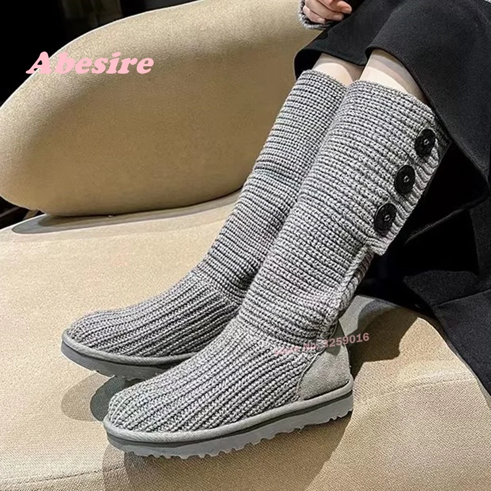 Knitted Snow Boots Round Toe Button Low Heels Height Increasing Women's Knee High Boots Winter 2024 Newest Warm Casual Shoes