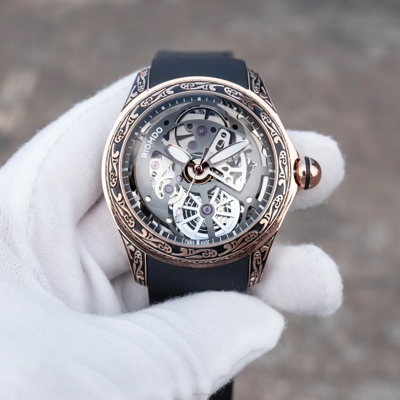 RIOMDO Men's Mechanical Automatic Watch - Hollow-out Dial Waterproof Black Rubber Band Military Clock RD-718 Carving Case