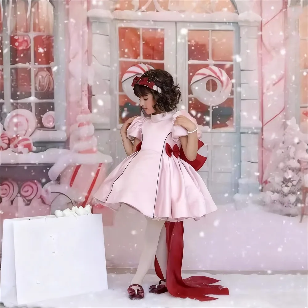 فستان زفاف فتاة الزهور من الساتان اللطيف مع فيونكة فستان حفلات أعياد الميلاد للفتيات الصغيرات فستان التواصل المقدس حسب الطلب #3