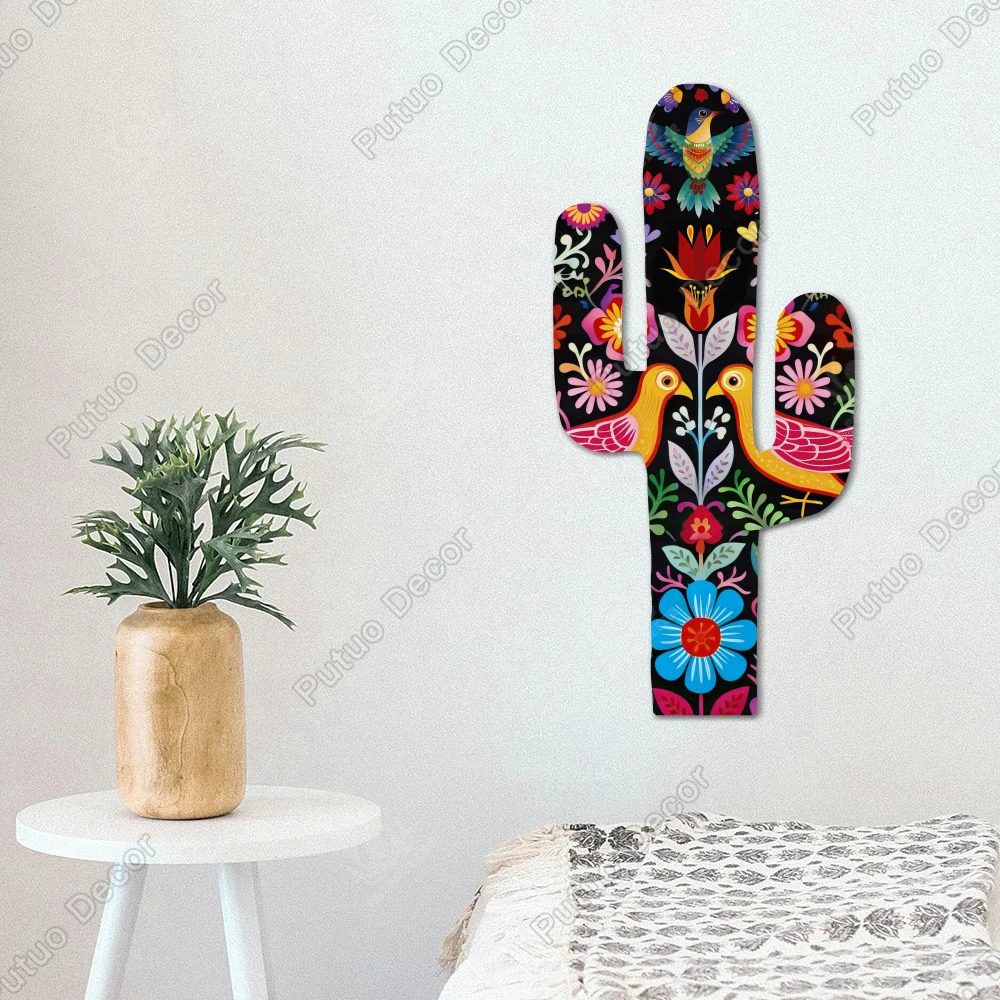 Putuo Decor 1Pc Cactus Shaped Wooden Signs, Decoration Wall Art Painting Decor for Home Living Room Bedroom，15.7x7.5Inches