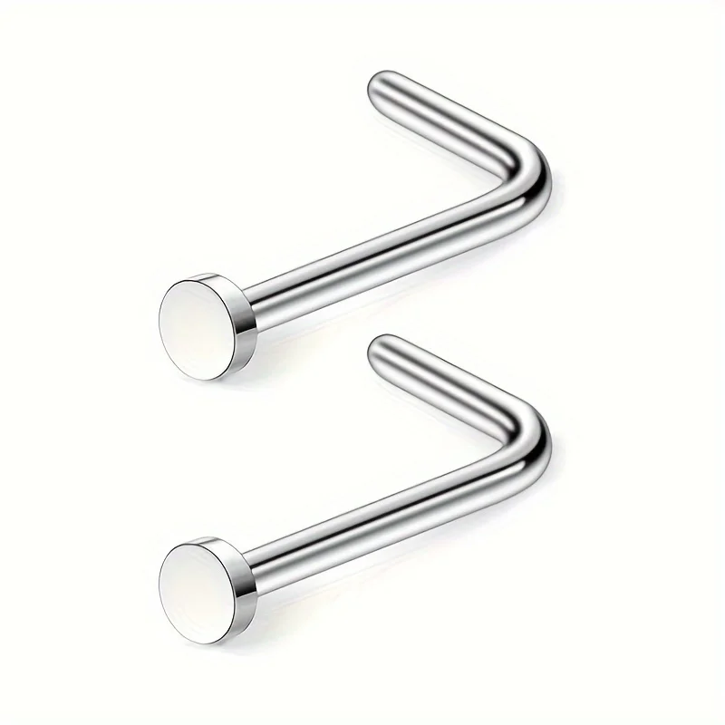 2pcs L-Shaped Nose Studs 2mm Flat Top 7mm Stainless Steel Rod Piercing Jewelry Simple Style Stainless Steel Nose Rings