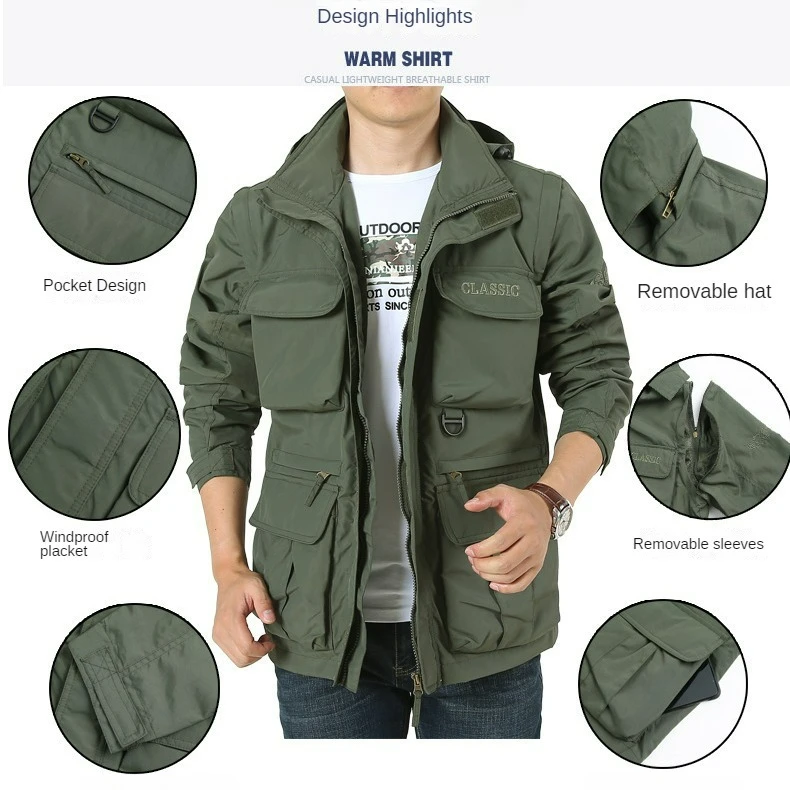 

Men's Jacket 2024 Autumn New Solid Color Multi Pocket Detachable Sleeve Hat Design Outdoor Travel windbreaker Men's stormcoat