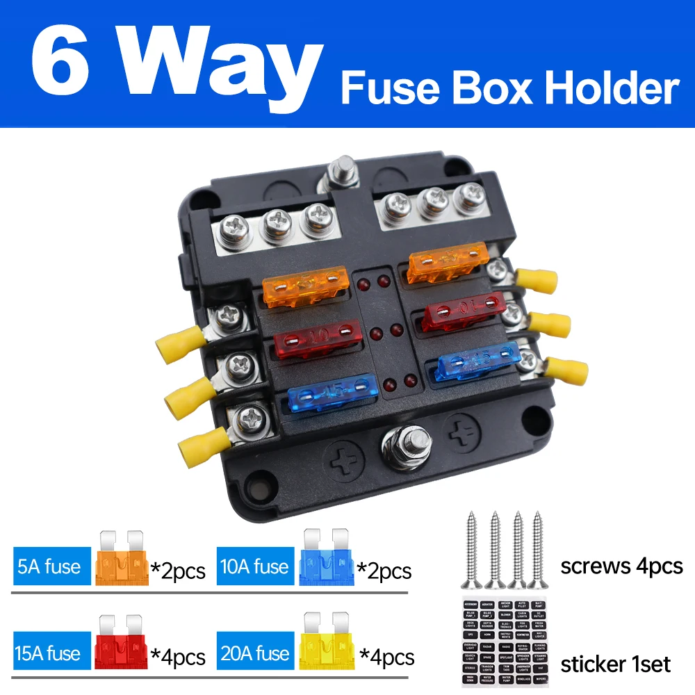 6 way LED Warning Indicator 12V 32V Power Distribution Panel Universal Car Boat Fuse Box Holder With Plastic Cover