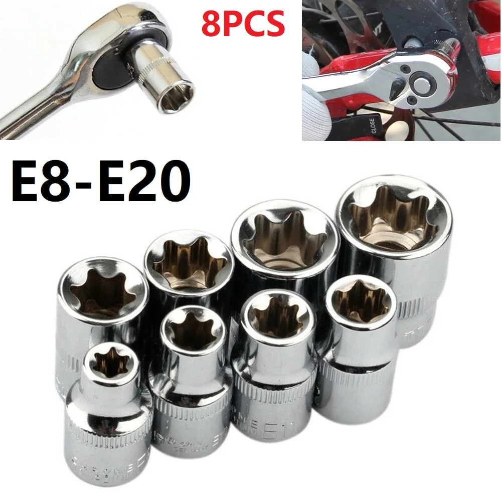 8pcs 3/8 Inch Drive Torx Star Socket Wrench Head E8-E20 Nut Removal Hand Tool Slotted Ratchet Extension Drive Locks Repair Tools