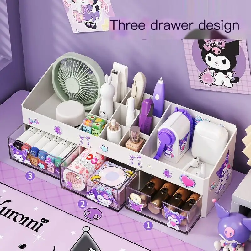 Sanrio Kuromi Cartoon Multifunction Pen Holder Cute Partition with Drawer Desktop Student Stationery Large Capacity Storage Rack