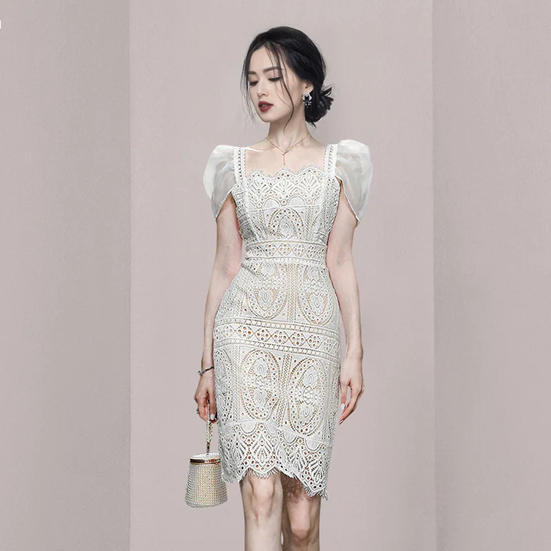 

2024 French high-end dress new Australian design positioning printing mouth stand collar A-line temperament dress shor