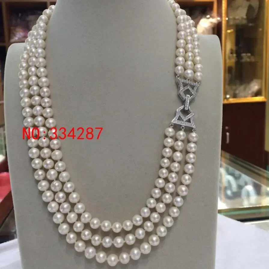 Jewelry  beautiful 3 rows AAA 7-8mm White Round Freshwater Cultured Pearl Necklace