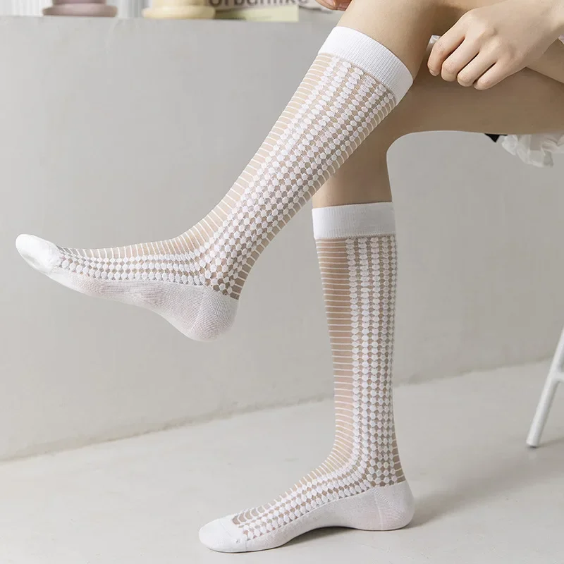 Summer Ultra Thin Silk Socks Crystal Black White Girls Wave Point Stripe Strap Elastic Stockings Women Casual Calcetines Mujer