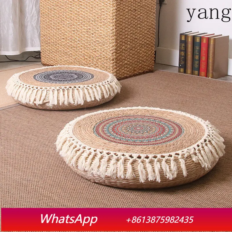

YJQ Straw futon Vintage Bohemian woven round cushion on the ground Home meditation cushion